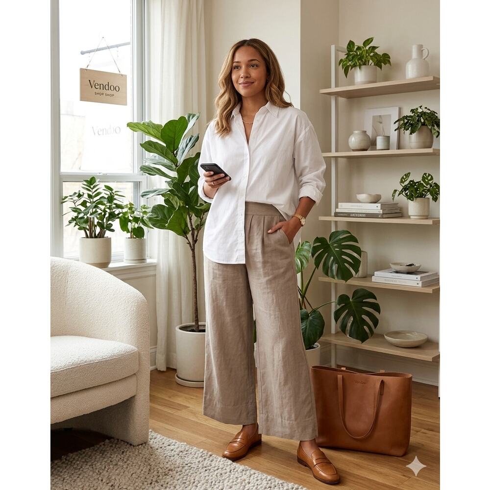 The Reset R Label 100% Linen Wide Leg Pleated Trousers Taupe Coastal Size M